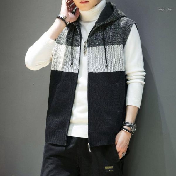 

2020 autumn new knitted plus velvet vest sleeveless hooded sweater vest casual men's clothing1, Black;white