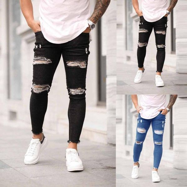

2020 men casual slim denim pants striped zipper denim hole vintage wash hip hop work trousers jeans pants trousers male1, Blue