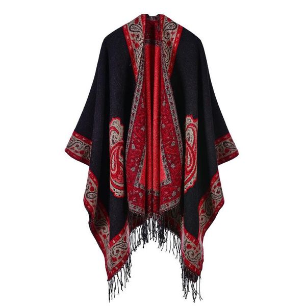 

scarves tourism thick warm women cape national style cashmere tassel cashew flower windproof scarf shawl air conditioning room poncho, Blue;gray