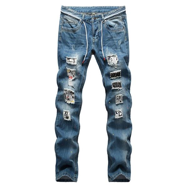 

men's jeans rivet patchwork button ripped denim trendy patch design slim straight pants trousers, Blue