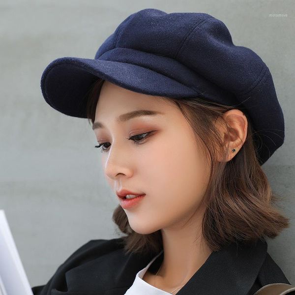 

berets hat solid color wool octagonal cap children autumn winter thickened warm beret vintage painter hat1, Blue;gray