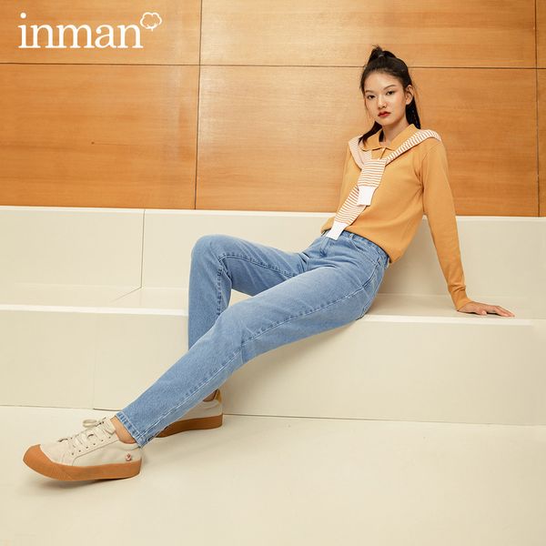 

inman 2020 autumn winter new arrival classic medium waist simple retro washed light blue cotton jeans women pants 1017