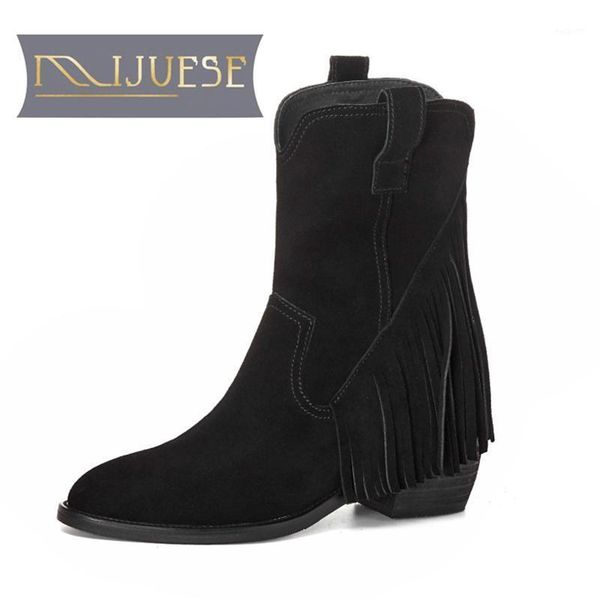 

boots mljuese 2021 women ankle fringe cow suede winter short plush zippers round toe high heels female western size 34-421, Black