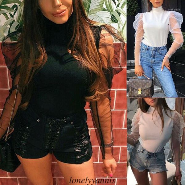 

new style women blouses ladies summer mesh puff long sleeve loose casual blouse solid see through summer fashion 20191, White