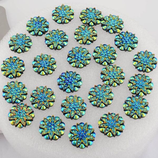 

boliao 15pcs 18mm( 0.71in ) flower shape resin ab color with two hole dark blue rhinestone flatback buttons clothes cr jllzxr, Bronze;silver