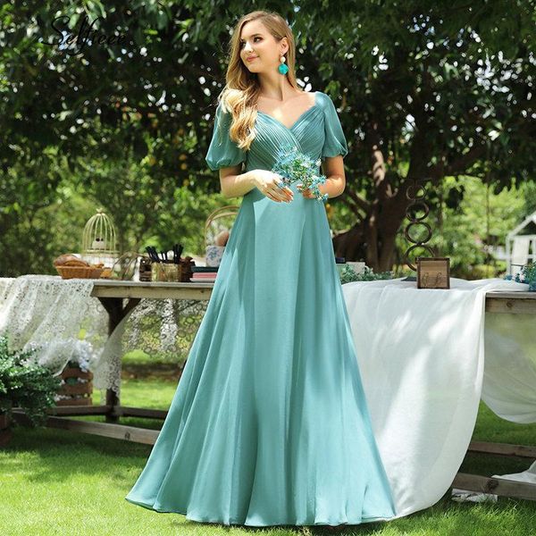 

ladies blue chiffon dress a-line v-neck pleated short sleev ruched sweet maxi party dress women elegant long robe femme, Black;gray