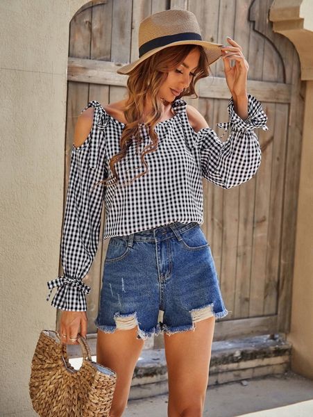 

gingham cold shoulder tie cuff flounce sleeve blouse 58zl#, White