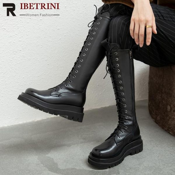 

boots ribetrini ins genuine leather chic square heels skidproof rubber sole riding boot stylish winter shoes women, Black
