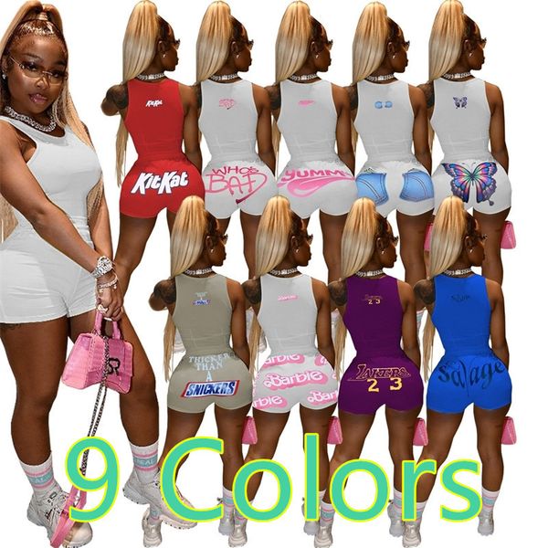 

9 colors women tracksuit summer sleeveless t shirt round neck shorts fashion letters printed sports suit two piece set h2515, White