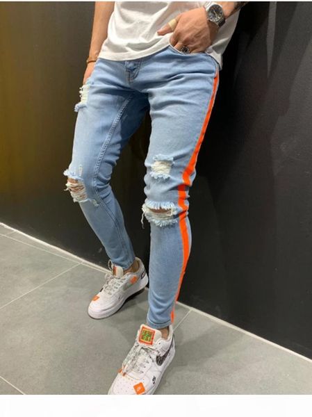 

3019 europe and america new style quality youth with holes printed red stripe elasticity men's skinny jeans, Blue