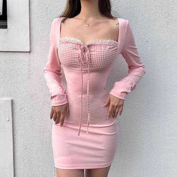 

casual dresses wind 2022 spring and summer women's wear fungus edge square neck fashion contrast color slim fit bag hip dress, Black;gray