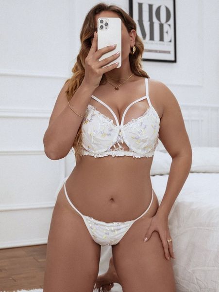 

plus embroidery mesh underwire lingerie set n8hh#, Black;white