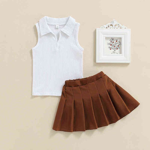 

2022 kids girls skirt set sleeveless knitted turn-down neck vest with pleated skirt summer casual girls children's sets g220217, White