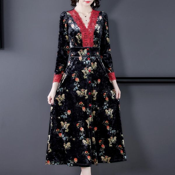 

retro flower silk velvet lace stitching mid-length dress, Black;pink