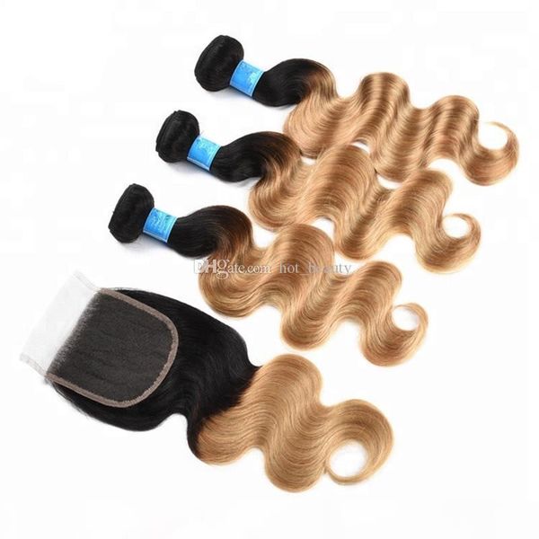 

brazilian human hair extensions with lace closure blonde ombre 1b 27 2 tone dark roots human hair with body wave lace closure, Black