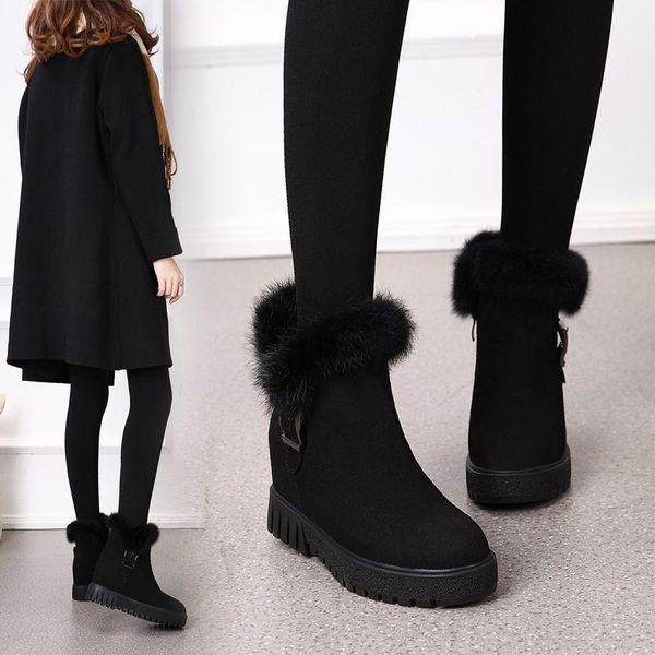 

boots real fur snow 2021 winter short tube 3cm inner height increase wild plus velvet warm frosted women, Black