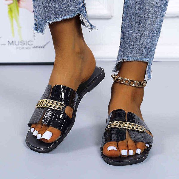

2022 summer new large size low heel flat bottom casual and versatile breathable herringbone slippers for women, Black
