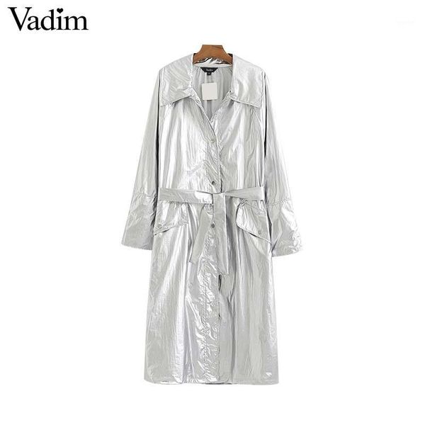 

vadim women stylish solid shiny loose long trench bow tie sashes pockets long sleeve coat female elegant outwear ca5351, Tan;black