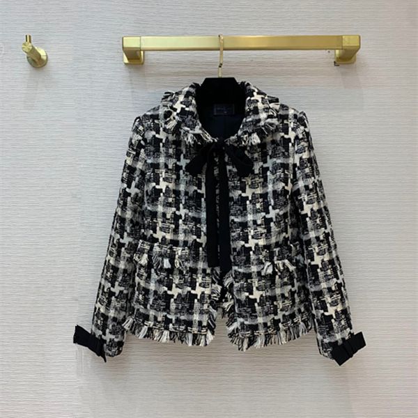 

european and american women's wear 2020 winter new style long sleeve lapel bow fashionable plaid tweed coat, Black
