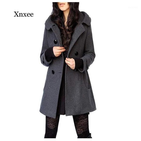 

gray hooded coat long elegant england style women's winter double breasted wool blend long coat with hood casual solid1, Black