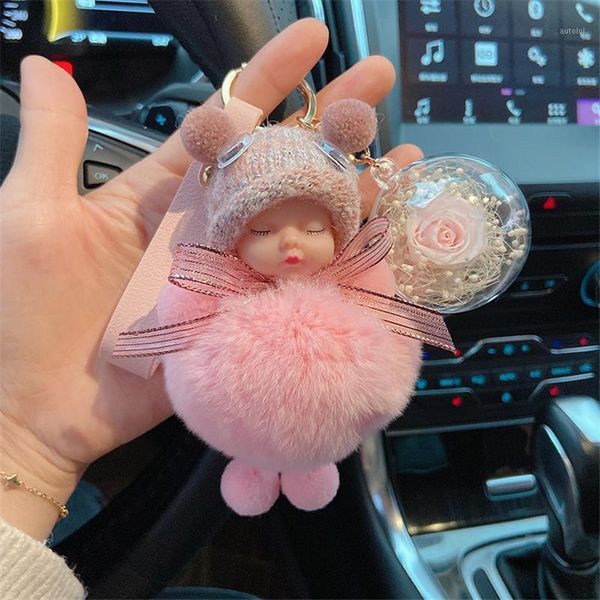 

fur sleeping doll pompom keychain women girl plush eternal natural preserve flower key chain bag charms car keyring1, Silver