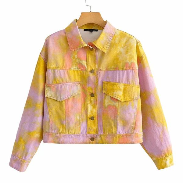 

paris girl autumn tie-dye printed baseball uniform lapel single-breasted mixed color denim jacket fashion jean jacket for women, Black;brown