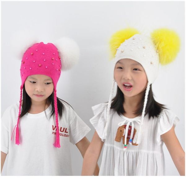 

kids warm winter caps double fur pom pom beanie wool knitted hat for baby boys girls real raccoon fur balls be jllghp