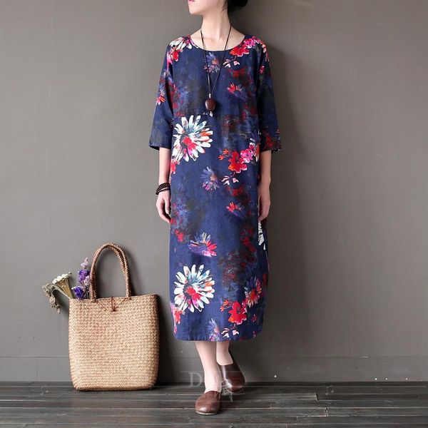 

casual dresses women vintage dress summer 2021 autumn flower print long loose plus size large linen vestidoes robe hy410, Black;gray
