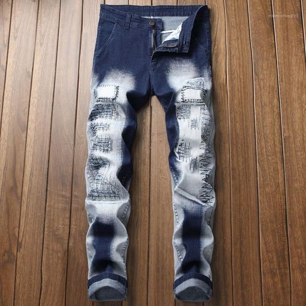 

men's jeans men stretch bleached retro casual floral denim slim straight vintage male trousers washed fashion distressed1, Blue