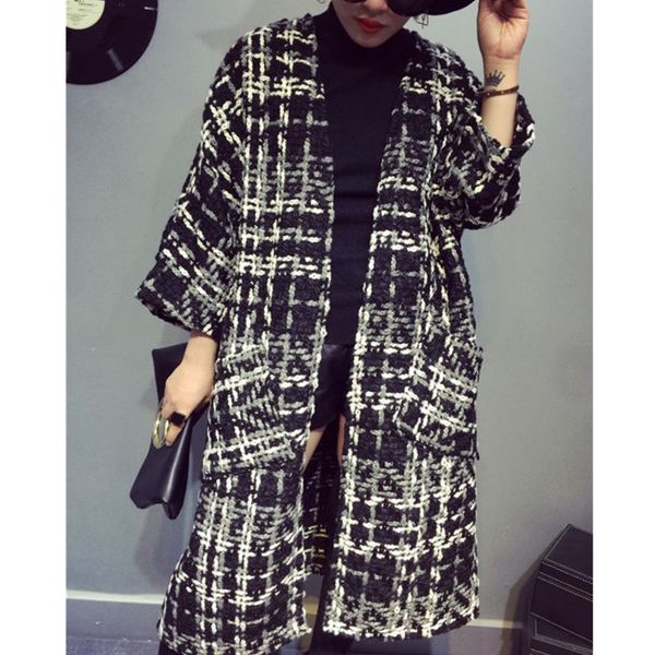 

trench coat women's elegant coats 2020 autumn new long houndstooth tweed wool windbreaker cardigan female outerwear, Black