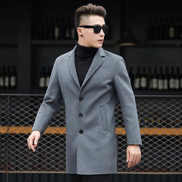 

winter woolen coat men's medium length windbreaker korean version double faced cloth men's slim cashmere wool nizi coat, Black