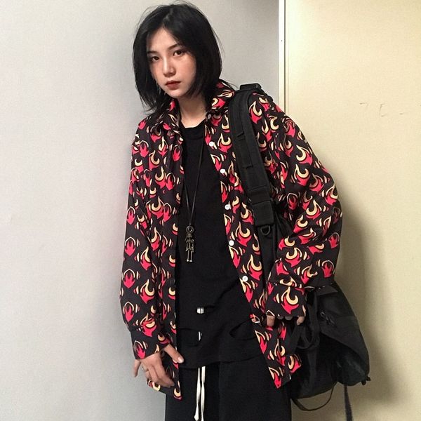 

2021 harajuku women loose lapel long sleeve cartoon flame print oversize shirt female blouse student shirts 1opk, White