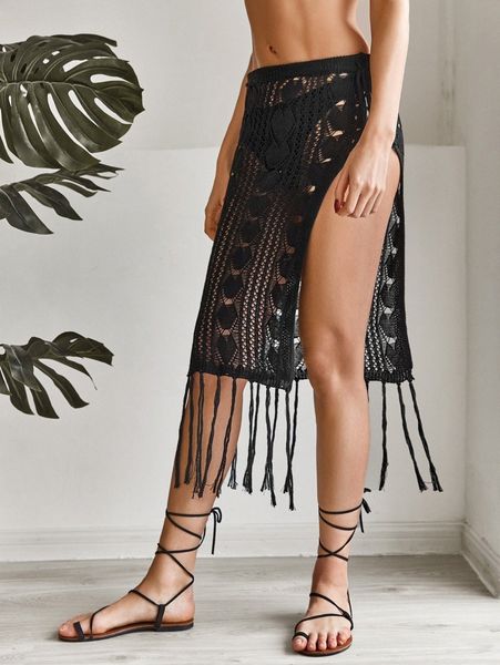 

fringe hem crochet cover up skirt h3h2#, White;black