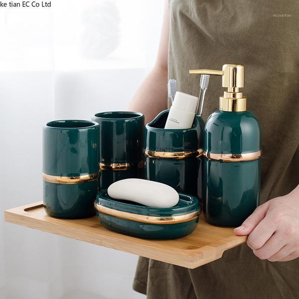 

bath accessory set european light bathroom five-piece ceramic sets accessories washing bamboo tray1