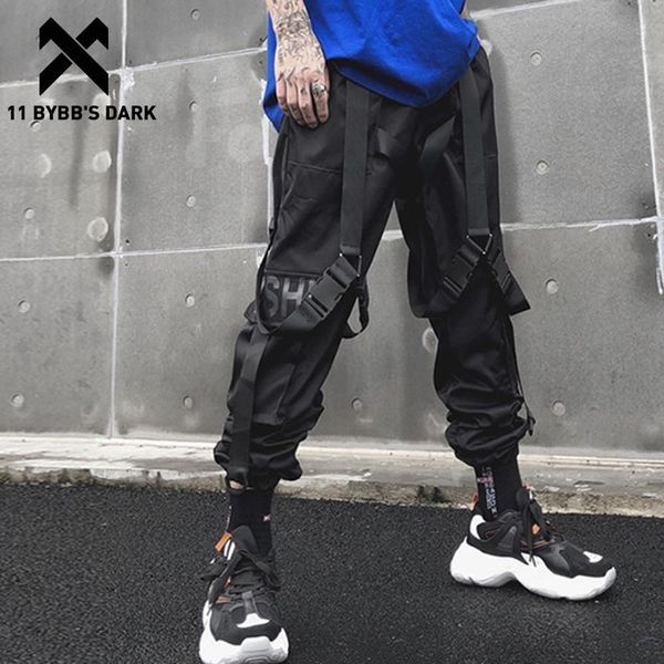 

11 bybb's dark multi pockets letter print ribbon cargo pants streetwear casual harajuku sweatpants hip hop joggers men trousers 201110, Black