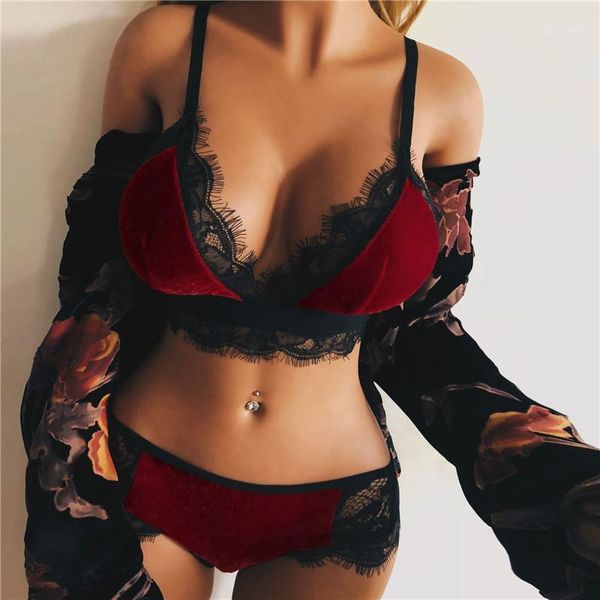 

women velvet eyelash lace bra & brief sets women's lingerie bandage strappy bralette big size bra panty set1, Red;black