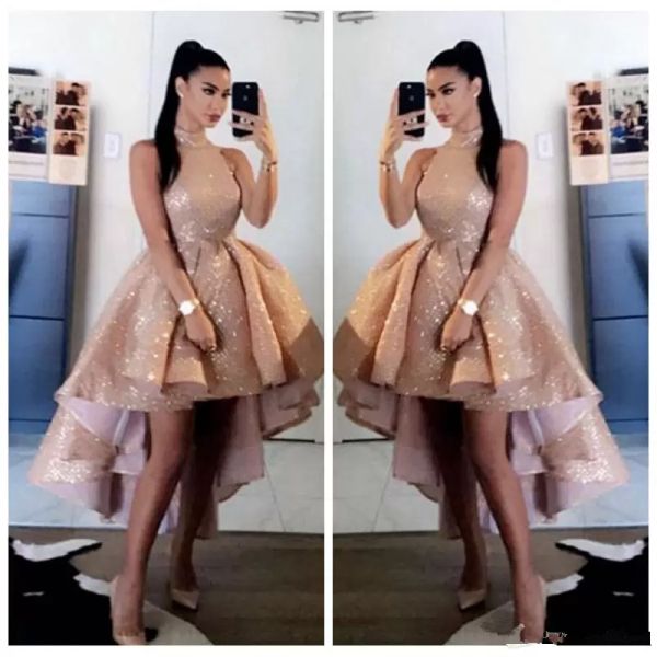 Bling Bling Sequins Gül Altın Yüksek Boyun Balo Dresse 2022 Seksi Kısa Ön Uzun Geri Kolsuz Örgün Parti Abiye giyim Vestido de Gala CG001