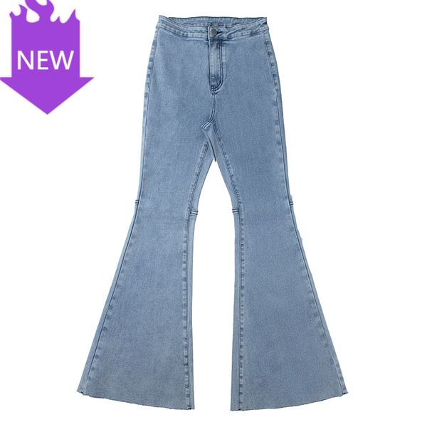 

denim trousers ny retro 2020 fashion plus size women's stretch jeans high waist flared leg design slim fit soft, Blue