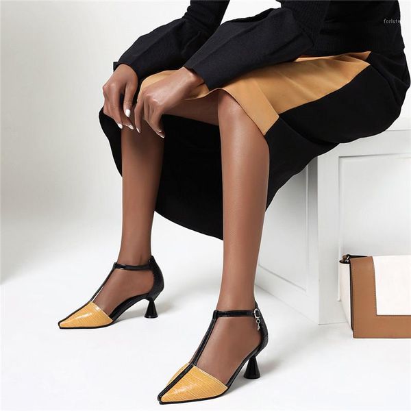 

cone heel t-shaped buckle heel covering pointed toe color block pumps high heels sandals summer 2020 women office party shoes1, Black