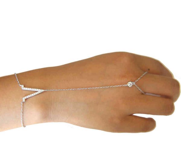 

925 sterling silver jewelry v chevron charm round cz station chain hand bracelet with ring chian wristlet fashion, Black