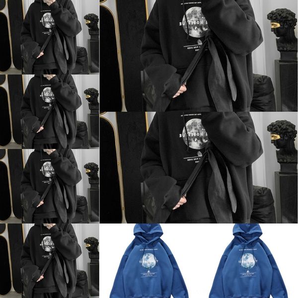 

lmfyv autumn and winter plush trend printed men's hooded men's korean version loose moon casual coat sweatersweater sweater 4ghuz, Black