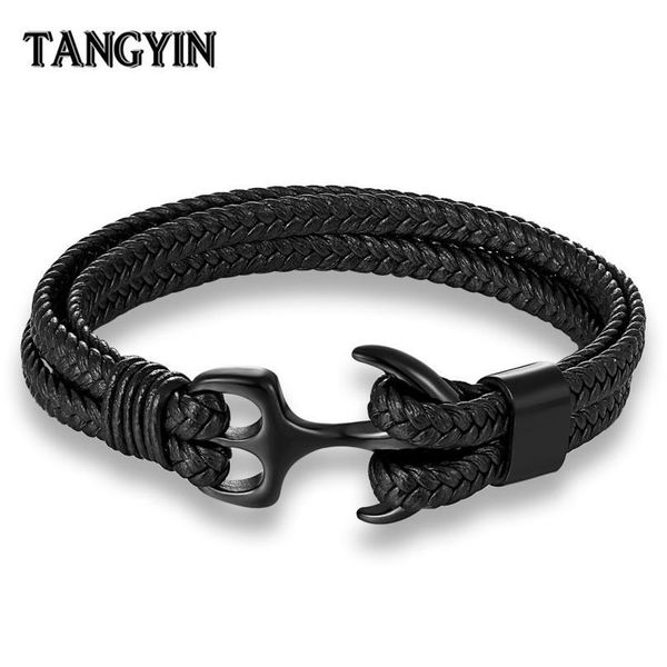 

charm multilayer men leather bracelet black gold black stainless steel survival rope anchor bracelets for men male jewe qylwff