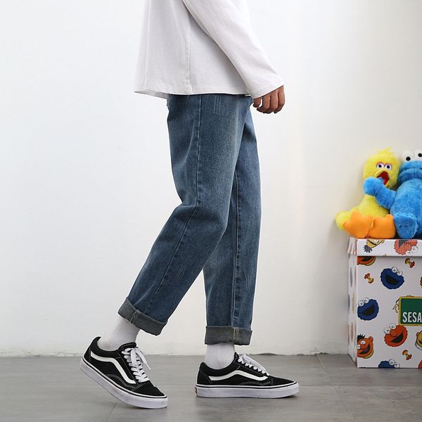 

ins super fire straight jeans men's fashion brand wide leg pants trend loose harajuku bf style capris, Blue