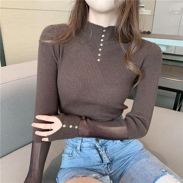 

casual women clothes long sleeve pullover front buttons mesh patchwork sweaters black white blue brown knitted sweater1, White;black