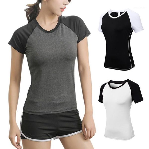 

ladies yoga skinny short sleeve fitness running sports training quick dry elastic color matching round neck t-shirt1, Black;blue