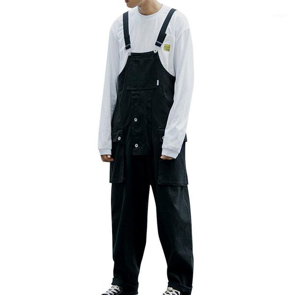 

autumn wild american street fashion trend couple loose straight pocket bib men's overalls casual trousers jumpsuit1, Black