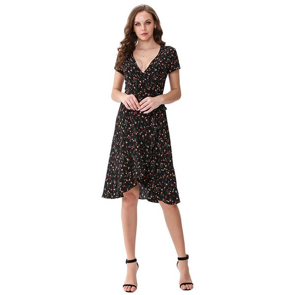

floral women dresses for summer v-neck a-line knee length dress with belt sundress robe m30580, Black;white