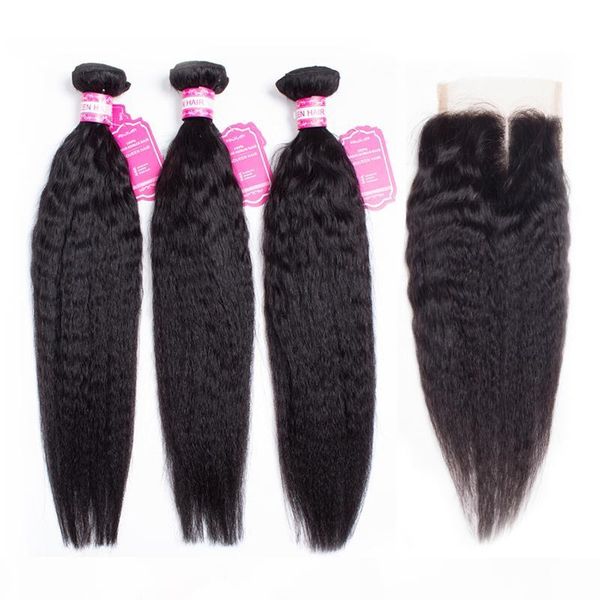 

brazilian virgin hair kinky straight bundles with lace unprocessed human hair extensions 3 bundles with 4x4 lace closure, Black;brown
