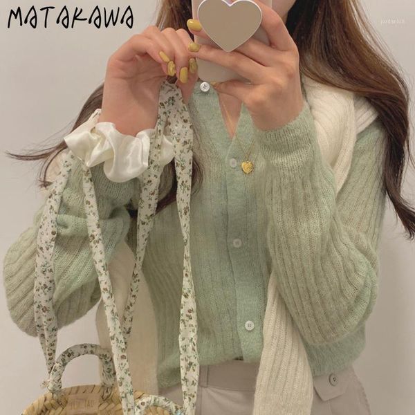 

matakawa sweet candy color round neck woman sweaters korea autumn single-breasted loose long-sleeved casual knit cardigans, White