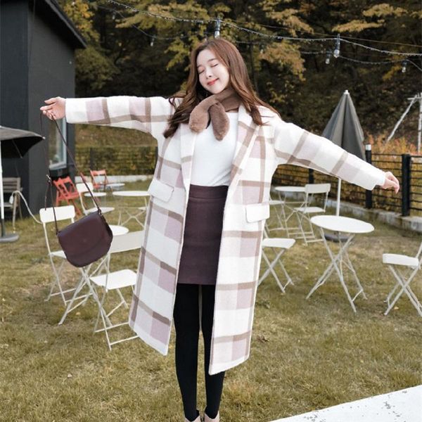 

sagace women korean winter long overcoat plaid windproof warm outwear loose plus size cardigans long sleeve femme elegant coat, Black